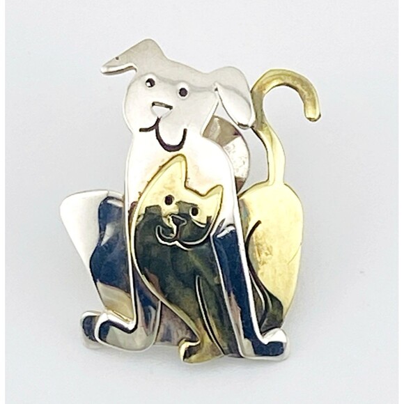 Far Fetched Adorable Dog and Cat Mixed Metals Brooch Pin Signed Sterling Silver - Picture 2 of 7
